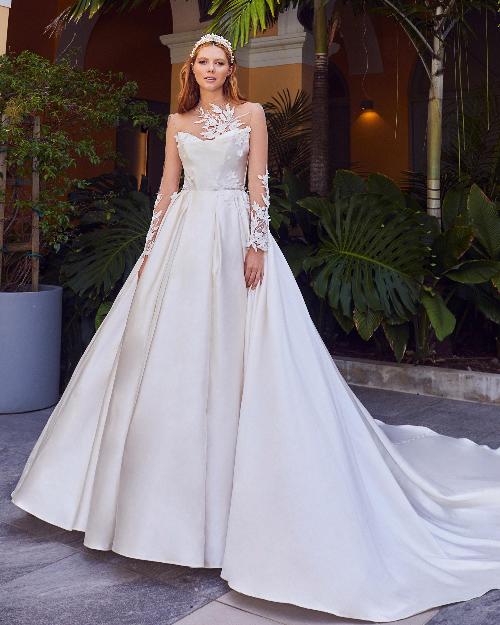 La23121 classic satin a line wedding dress with long sleeve lace jacket1